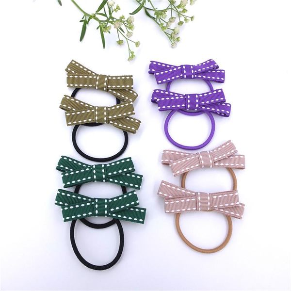 

pairs baby girls kids stitch ribbon bow elastic hair bands ponytail elalstic loop ties bobble accessories, Slivery;white