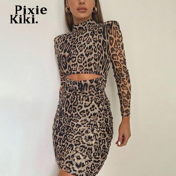 

casual dresses pixiekiki leopard printed mesh dress with shoulder pad party club outfits hollow out long sleeve bodycon p83-db23, Black;gray