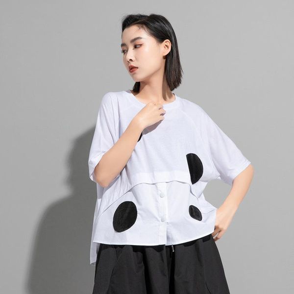 

women's t-shirt hit color dots button patchwork design womantshirts ins o neck short sleeve tee summer 2021 fashion big size t shirt, White