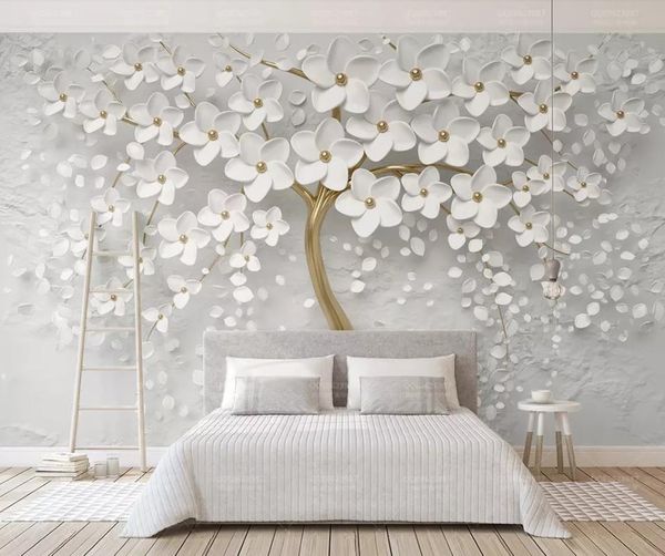 

wall stickers custom any size murals wallpaper 3d stereo white flowers painting living room tv sofa bedroom backdrop papel de parede