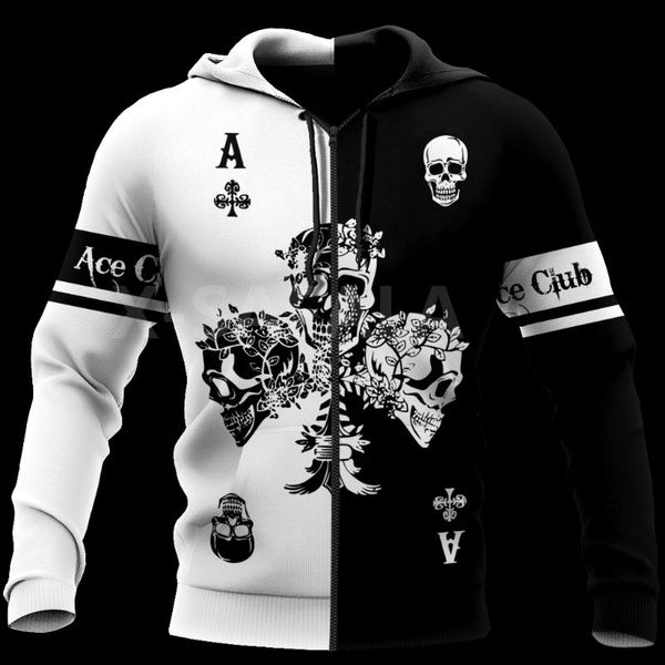 

men's hoodies & sweatshirts poker ace club skull 3d all print plus hoodie man women harajuku outwear zipper pullover sweatshirt casual, Black