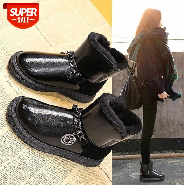 

snow boots women korean casual patent leather chain net celebrity fashion mid-tube one-step women's cotton #1p95