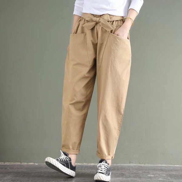 

women high waist ankle length pants pockets with belt balck cuffs harem women's & capris, Black;white