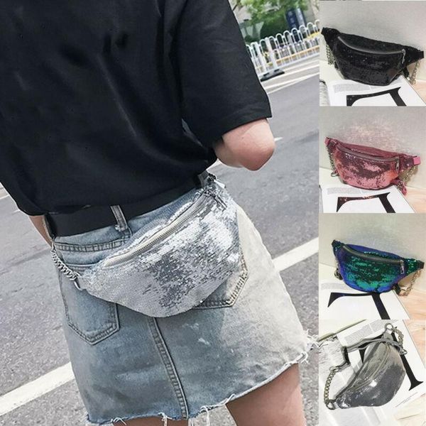 

sequins waist bag fanny pack belt pouch travel sport hip purse women laser pu leather sequined bags 2021 fashion