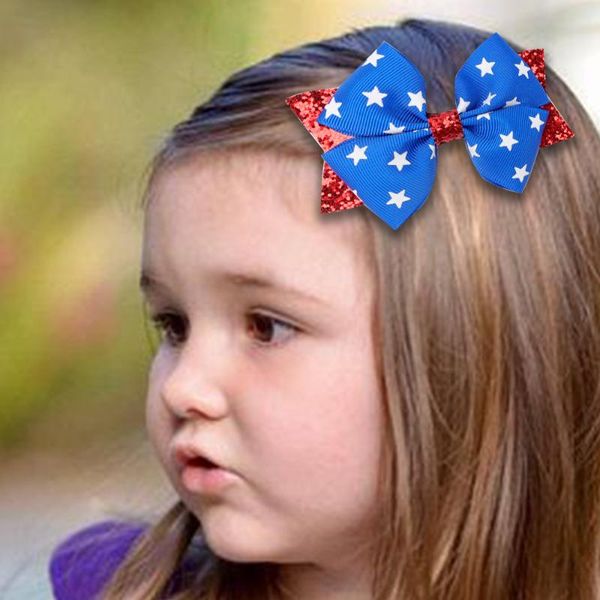 

3.5 inch blue red glitter ribbon hair bows stripe star accessories kids girls barrettes headwear accessory, Slivery;white