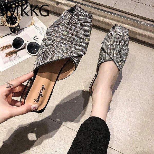 

slippers women's shoes outside the square head diamond shining rough-heeled miller of 2021, Black