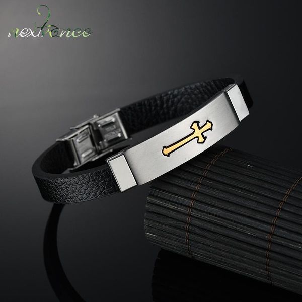 

charm bracelets nextvance punk gold black cross leather bracelet bff jesus crucifix amulet for christmas gift armband heren, Golden;silver