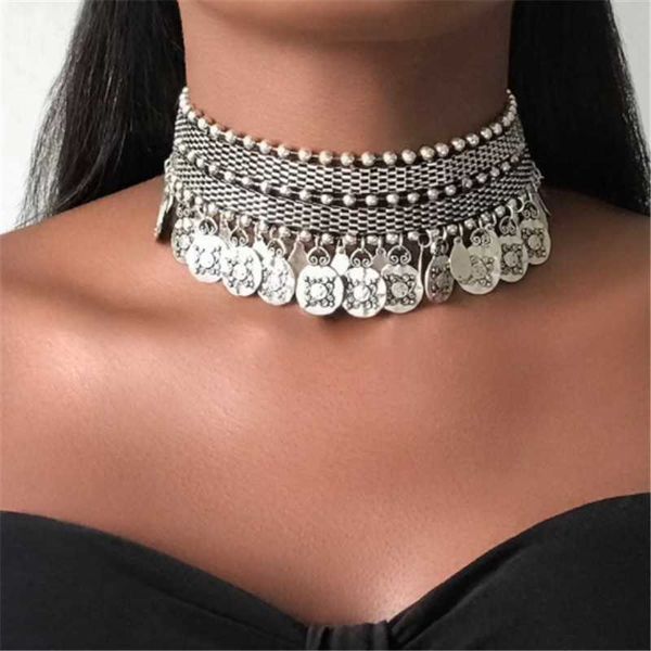 

chokers oversized african choker beaded necklace for women.beaded with metal coin tassel, gypsy boho bib | tribal & ethn, Golden;silver