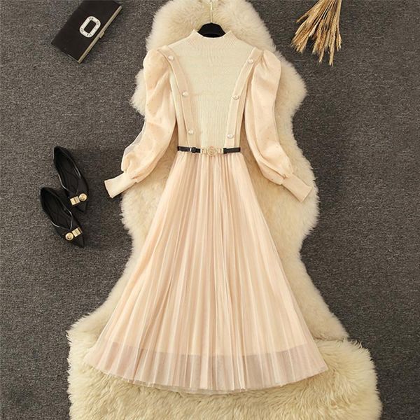 

casual dresses winter long midi party dress elegant gauze voile mesh warm knitted puff sleeve slim formal pleated autumn, Black;gray