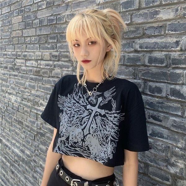 

women's t-shirt qweek gothic style tshirt streetwear women crop harajuku graphic t shirt summer tees dark mall goth emo clothes, White