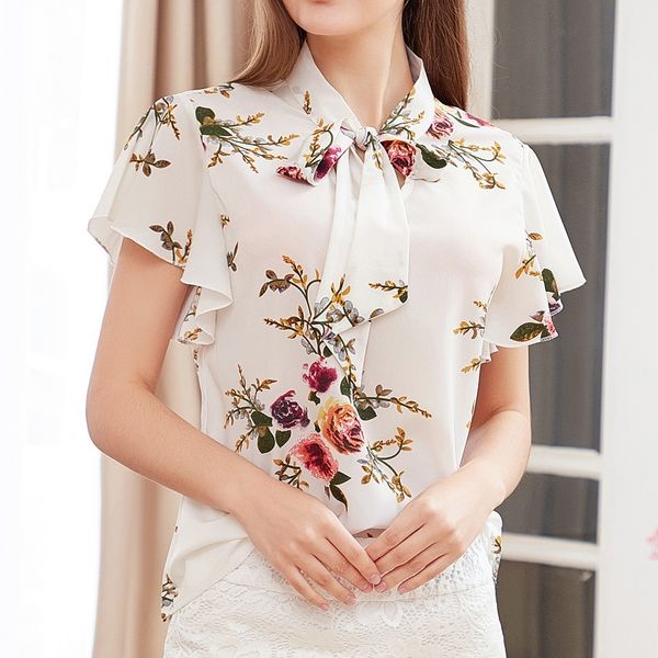 

elegant summer 2019 bow tie office fashion casual blouse printed tee female women's short sleeve shirt blusas femininas x0521, White