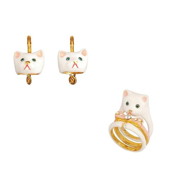 

earrings & necklace cute white kitten enamel colored glaze blue eyes animal earring ring jewelry woman 2021 trendy, Silver