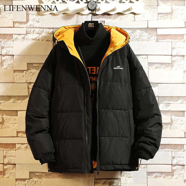 

lifenwenna winter style men's jacket parka fashion color block hooded jacket men casual windproof men loose parkas men m-5xl 210528, Black