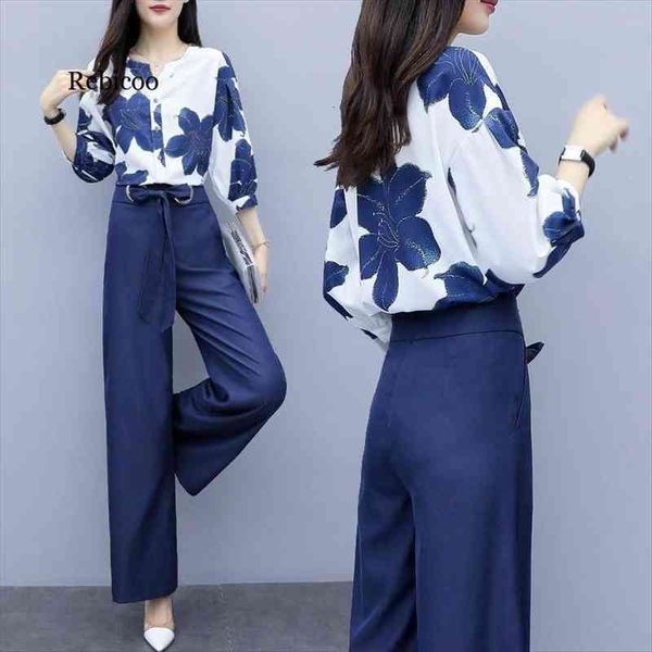 

spring summer chiffon floral print two piece sets women blouses and wide leg pants suits elegant fashion office ladies outfits, Gray