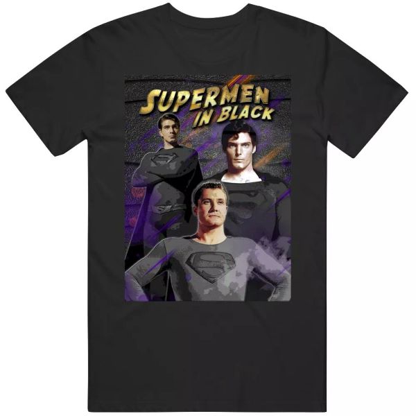 

supermen in black funny parody superheroes unite fan t shirt, White;black