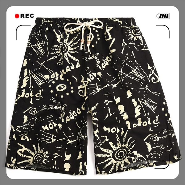 

2021 soccer shorts summer style cotton and linen printed big pants beach men's loose hamsik bbb777, Black;red