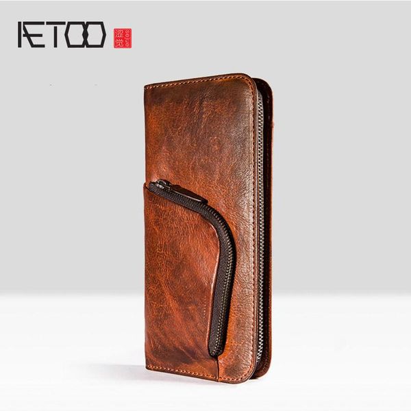 

the first layer of leather retro handmade wallet, large-capacity long zipper multi-function handbag wallets, Red;black
