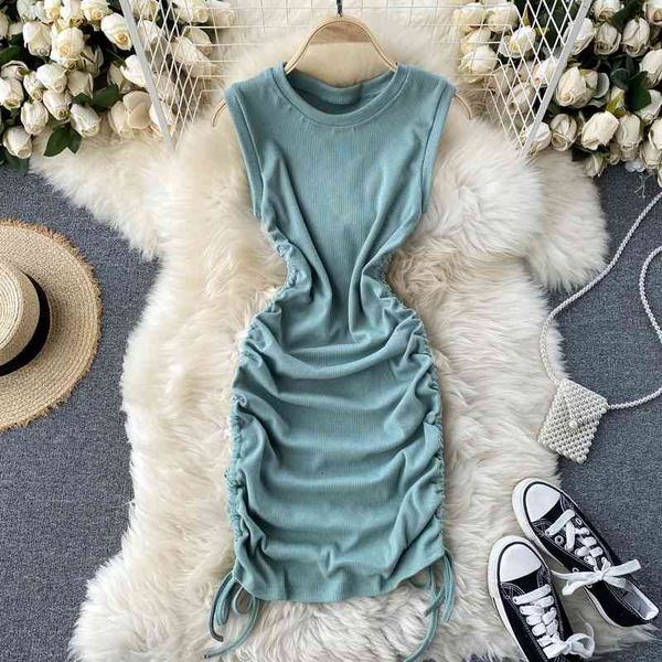 

casual dresses korean spring summer mini dress o neck sleeveless waist dress womens thin fold sheath draped bag hip women tid, Black;gray