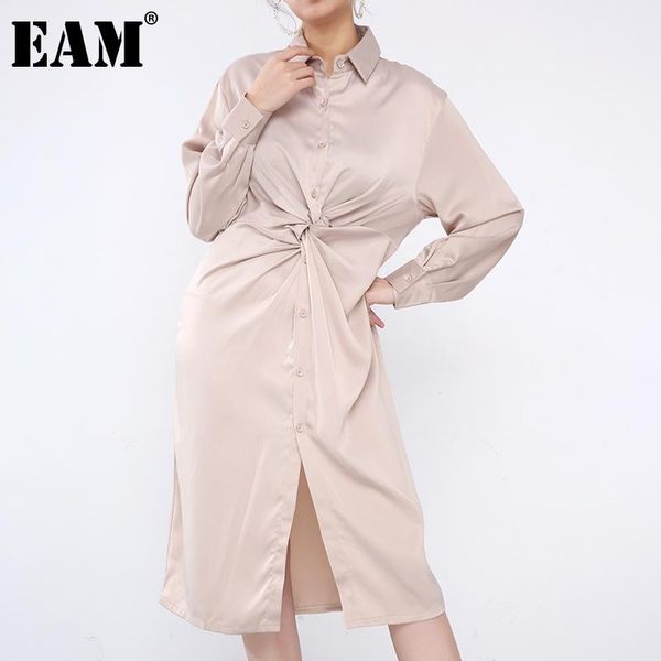

casual dresses [eam] women apricot knot satin brief holiday dress lapel long sleeve loose fit fashion tide spring autumn 2021 s9510, Black;gray