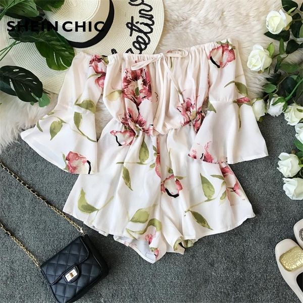

summer flower floral print women playsuits slash neck flare sleeve female rompers elegant boho chic loose women's jumpsuits &, Black;white