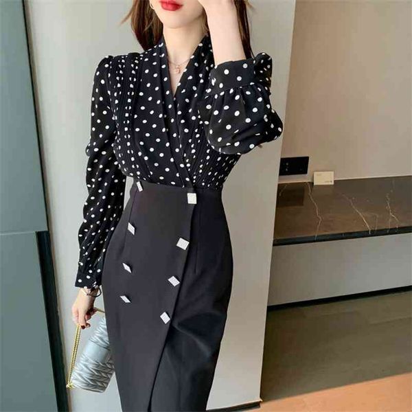 

ladies temperament polka dot dress autumn women's long-sleeved bag hip office lady polyester 210603, Black;gray