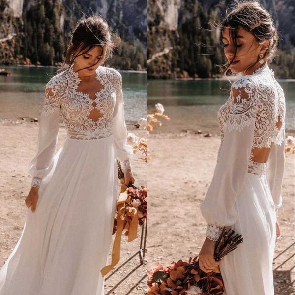 

other wedding dresses umk 2021 chiffon long sleeve dress boho crochet lace beach elegant open back summer bridal gowns, White