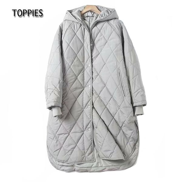 

ies long straight winter coat with rhombus pattern winter hooded coat female parkas streetwear 211018, Black