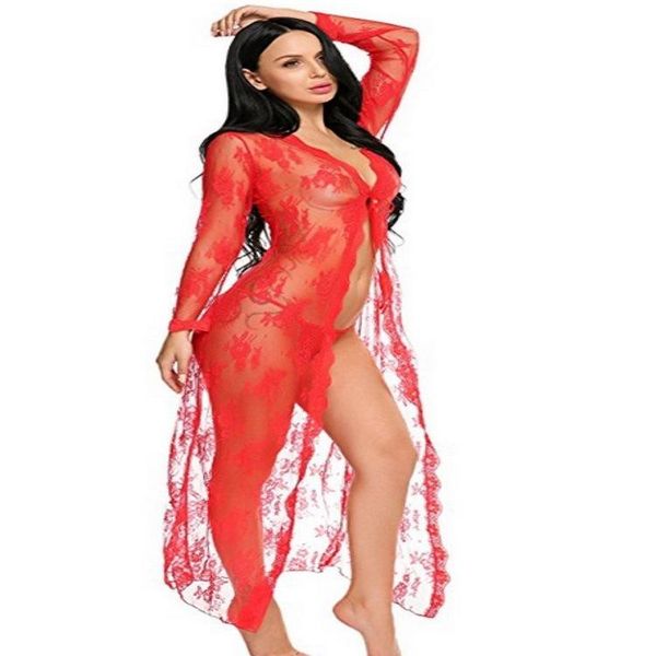 

bras sets star0167 women mesh lace lingerie robe long sleeve transparent dress see through erotic bride temptation sleepwear, Red;black