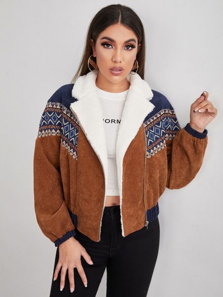 

teddy lined geo panel corduroy jacket 36zt#, Black;brown