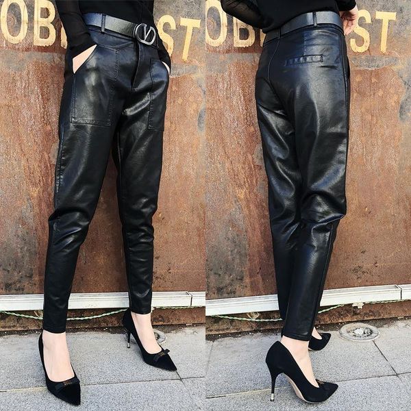 

women's pants & capris faux leather winter long trousers women high waist warm plus size with pockets pu black, Black;white