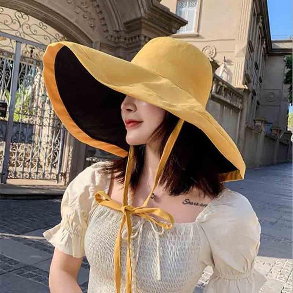 

double-sided women summer large wide brim outdoor beach hats foldable anti-uv sun hat female sunscreen cap bucket, Blue;gray