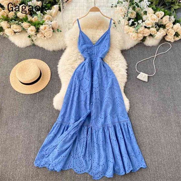 

woman dress summer v-neck spaghetti strap bohemian hollow out midi dresses slim fashion korean wild vestidos 210531, Black;gray