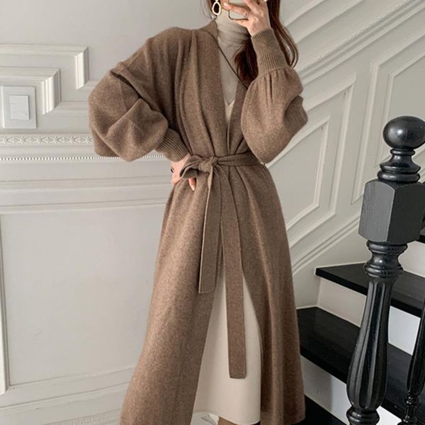 

women's knits & tees [ewq] solid vintage knitted long cardigan coat women lantern sleeve v-neck belted sweater elegant loose 2021 winte, White