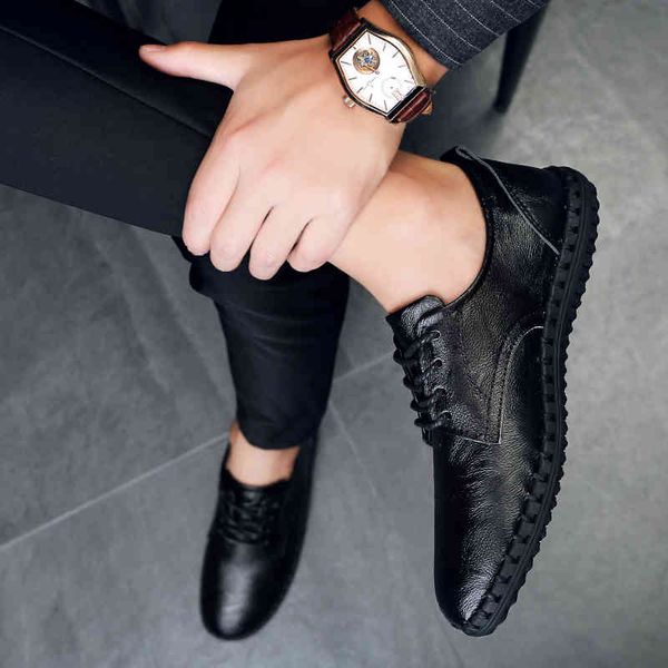 

dress shoes men genuine leather loafer lace up outdoor driving spring autumm flat footwear fashion big size 47 pu63, Black