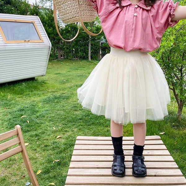 

girls korean style fashion mesh skirts 1-8 years summer kids shining pleats tutu skirts 210615, Blue