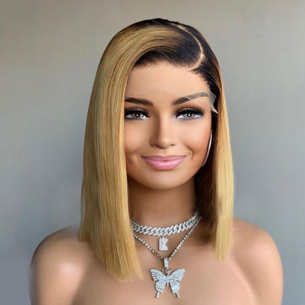 

inch bob silky straight ombre 613 transparent 13x4/6 lace front wig for women with babyhair preplucked can dye permed wigs, Black;brown
