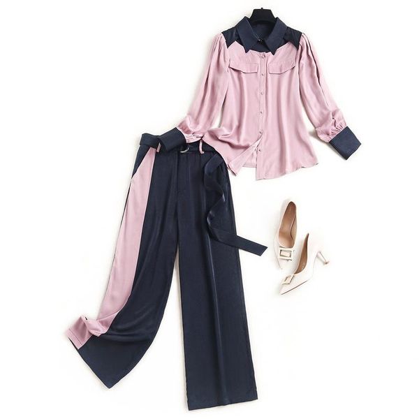 

women's tracksuits 2021 early autumn suit lapel silk shirt straight pants two piece with belt 2 set women 15095, Gray