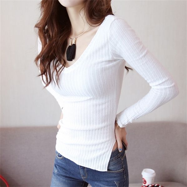 

south korea to spring club low v-neck side split knitting render unlined upper garment of cultivate one's morality long 210604, White