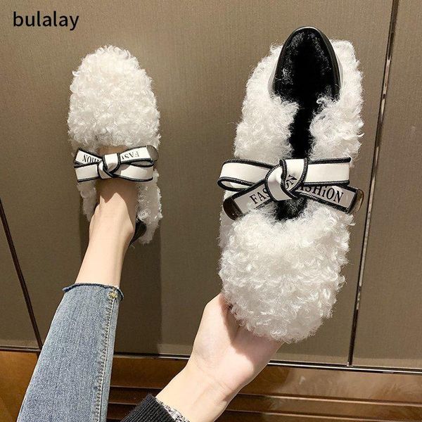 

hairy shoes women's winter wear a pedal lazy beanie bowknot soft sole student all-match pregnant women slippers, Black