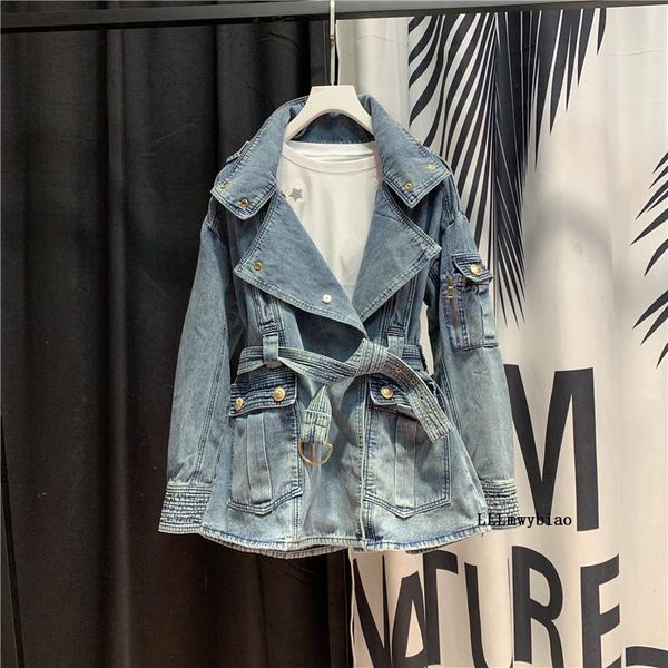 

women's jackets european trend vintage blue denim jacket with belt women 2021 autumn loose bf temperament button jeans streetwear z487, Black;brown