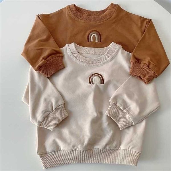 Verão Bebê Meninas Bordado Arco-íris De Moletons De Manga Longa Outono Tops Crianças Crianças Meninos Pullover T-shirt Roupas 211110