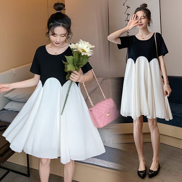 

maternity dress maternity clothes loose pregnant women short sleeve vestidos patchwork pregnancy clothing plus size, White