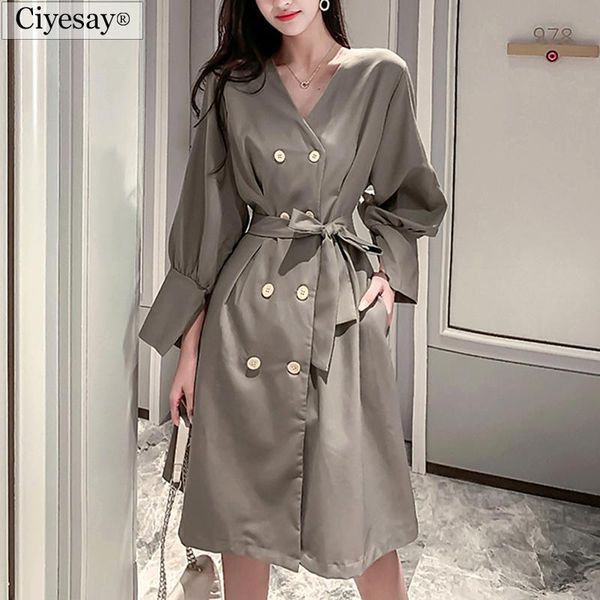 

casual dresses ciyesay elegant for women 2021 korean fashion dress female clothing shirt vintage bandage, Black;gray