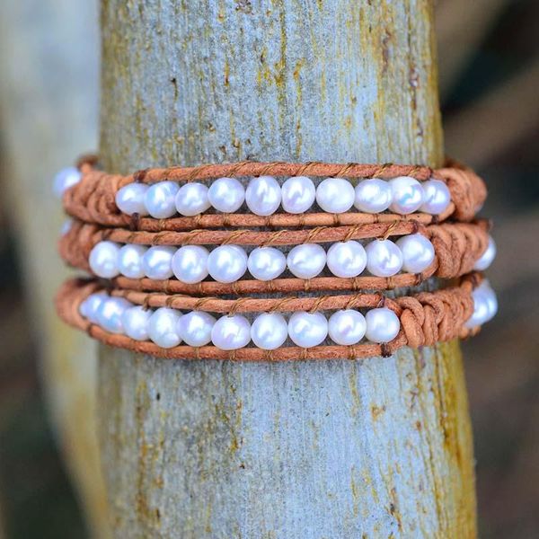 

tennis bohemian simple style leather bracelet natural pearl 3 strand wrap for women or gifts, Golden;silver
