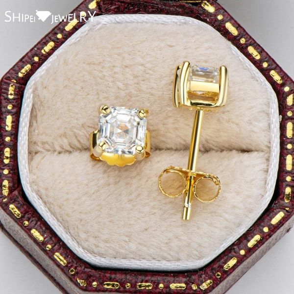 

stud shipei 925 sterling silver 0.5 ct asscher cut real moissante diamonds gemstone engagement fashion studs earrings fine jewelry, Golden;silver
