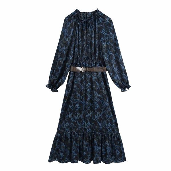 

spring women vintage print chiffon sashes midi dress female lantern sleeve clothes casual lady loose vestido d7073 dresses, Black;gray