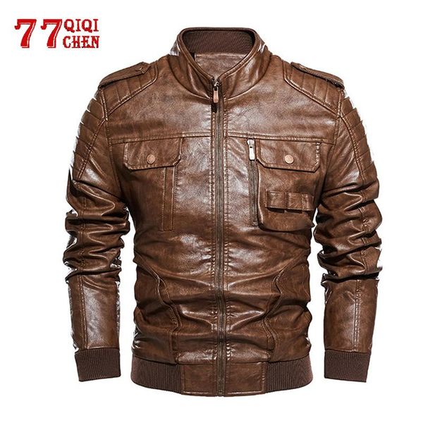 

men's fur & faux motorcycle leather jacket men military leahter coats male 2021 autumn stand collar windbreaker racing car chaqueta hom, Black
