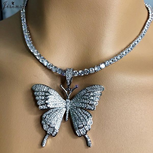 

jisensp big size butterfly pendant rhinestone cuban chain cubic charm tennis necklace men women hip hop jewelry gift necklaces, Silver