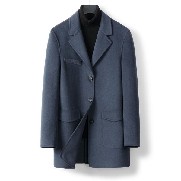 

men's wool & blends formal woollen long clothing blue suit collar slim businessman autumn spring jackets, Black