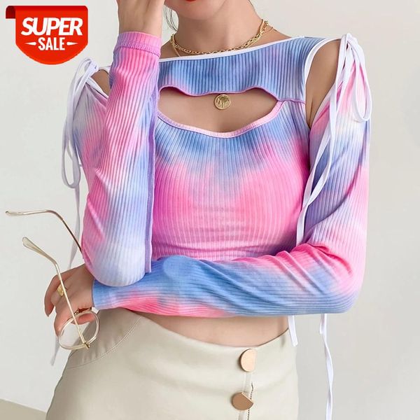 

tie-dye printed stylish t-shirt women ladies round neck cutout long sleeve lace-up strap crop fashion wild slim shirt #rv9l, White